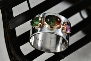 Great Falls Metal Works Silver & Gold Multi Gemstone Wide Band Ring Size 8.5