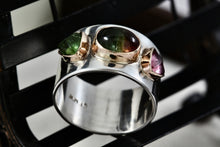 Load image into Gallery viewer, Great Falls Metal Works Silver &amp; Gold Multi Gemstone Wide Band Ring Size 8.5
