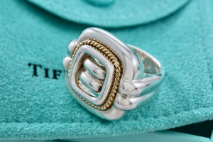 Tiffany & Co. 18K Gold & Silver Twist Rope Square Dome Ring Size 5.5