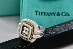 Tiffany & Co. 18K Gold & Silver Twist Rope Square Dome Ring Size 5.5