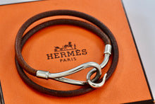 Load image into Gallery viewer, HERMES Silver tone Jumbo Hook Brown Leather Necklace Double Bracelet Authentic
