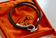 Load image into Gallery viewer, HERMES Silver tone Jumbo Hook Brown Leather Necklace Double Bracelet Authentic
