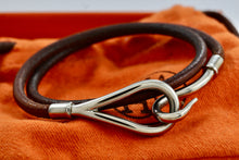 Load image into Gallery viewer, HERMES Silver tone Jumbo Hook Brown Leather Necklace Double Bracelet Authentic

