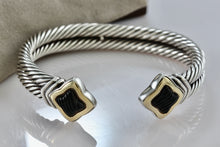 Load image into Gallery viewer, David Yurman Quatrefoil Silver &amp; 18k Carved Onyx Double Cable Cuff Bracelet
