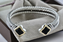Load image into Gallery viewer, David Yurman Quatrefoil Silver &amp; 18k Carved Onyx Double Cable Cuff Bracelet
