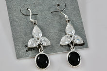 Load image into Gallery viewer, Silver-Plated CZ Diamond Onyx Dangle Drop Earrings
