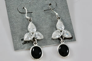 Silver-Plated CZ Diamond Onyx Dangle Drop Earrings