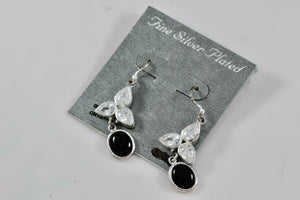 Silver-Plated CZ Diamond Onyx Dangle Drop Earrings