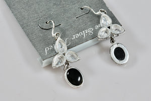 Silver-Plated CZ Diamond Onyx Dangle Drop Earrings