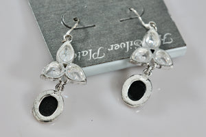 Silver-Plated CZ Diamond Onyx Dangle Drop Earrings