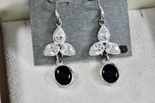 Load image into Gallery viewer, Silver-Plated CZ Diamond Onyx Dangle Drop Earrings
