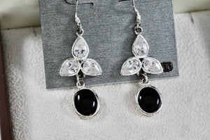 Silver-Plated CZ Diamond Onyx Dangle Drop Earrings