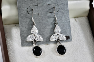 Silver-Plated CZ Diamond Onyx Dangle Drop Earrings