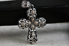 Load image into Gallery viewer, John Hardy Sterling Silver &amp; 14k Yellow Gold Cross 1.5" Pendant

