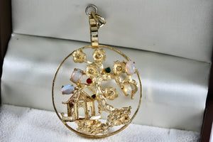 Gold Tone Enchanted Forest Moon Stone Red Garnet Round Medallion Pendant