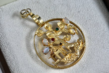 Load image into Gallery viewer, Gold Tone Enchanted Forest Moon Stone Red Garnet Round Medallion Pendant
