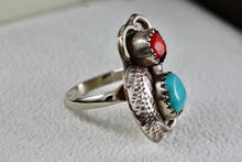 Load image into Gallery viewer, Sterling Silver Native American Turquoise &amp; Red Coral Owl Handmade Ring Size 5
