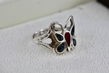 Load image into Gallery viewer, Native American Silver Handmade Butterly Red Coral &amp; Turquoise Chip Inlay Ring Sz. 6
