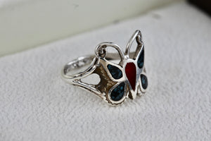 Native American Silver Handmade Butterly Red Coral & Turquoise Chip Inlay Ring Sz. 6