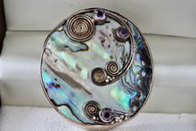 Load image into Gallery viewer, Sterling Silver Large Handmade Abalone Shell Inlay Purple Amethyst Medallion Pendant
