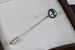 Native American Silver Coral, Pearl, Onyx & Turquoise Inlay Handmade Hair Pin Brooch