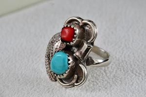 Sterling Silver Native American Turquoise & Red Coral Owl Handmade Ring Size 5