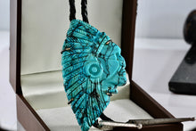 Load image into Gallery viewer, Native American Carved Turquoise Indian Warrior 3.5&quot; Pendant Bolo Tie 40&quot; Necklace
