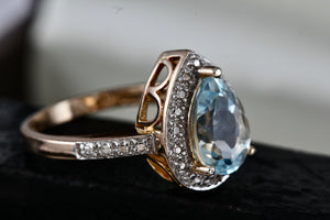 Vermeil Sterling Silver Teardrop Aquamarine CZ Diamonds Ring Size 7 Signed