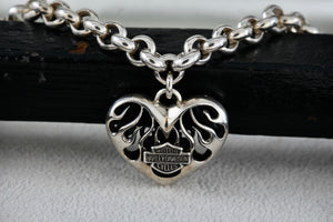 Harley Davidson Motorcycle Sterling Silver Heart Charm 6mm Link 7. 5" Bracelet