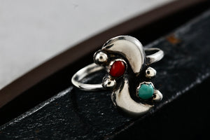 Native American Silver Red Coral & Turquoise Bead Semi Moons Handmade Ring Size 5