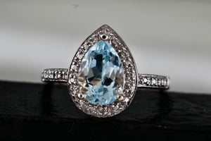 Vermeil Sterling Silver Teardrop Aquamarine CZ Diamonds Ring Size 7 Signed