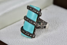 Load image into Gallery viewer, Sterling Silver Rhinestone Wrapped Turquoise Bar Ring Size 7
