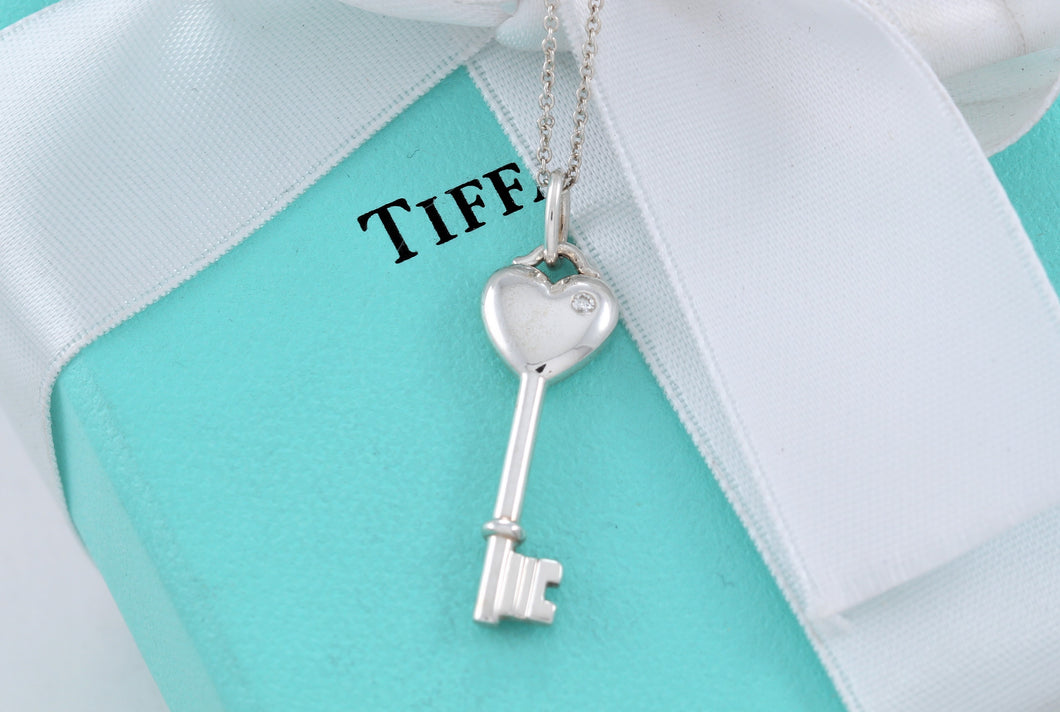 Tiffany & Co. Silver Small Diamond Heart Key Pendant Necklace
