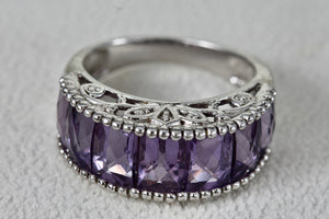 Sterling Silver Large Purple Amethysts Row Emerald Cut Filigree Dome Ring Size 9