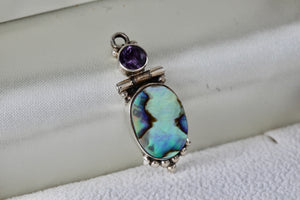 Sterling Silver Purple Amethyst Hinge Large Oval Abalone Shell Handmade Pendant