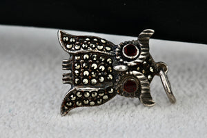 Sterling Silver Ruby Eyes Rhinestone Owl Charm Pendant Vintage