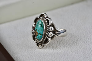 Native American Sterling Silver Elegant Oval Earthy Turquoise Handmade Ring Size 5.5