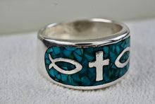 Load image into Gallery viewer, Native American Silver Large Turquoise Chip Inlay Fish &amp; Cross Christian Faith Ring Size 8.5
