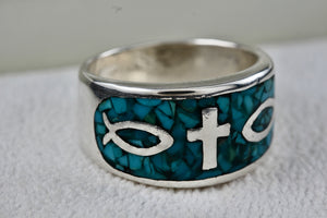 Native American Silver Large Turquoise Chip Inlay Fish & Cross Christian Faith Ring Size 8.5