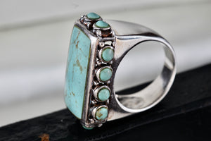 Native American Silver Large Rectangle Turquoise Bead Statement Signed Ring Size 6