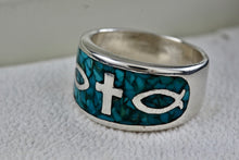 Load image into Gallery viewer, Native American Silver Large Turquoise Chip Inlay Fish &amp; Cross Christian Faith Ring Size 8.5
