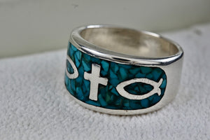 Native American Silver Large Turquoise Chip Inlay Fish & Cross Christian Faith Ring Size 8.5