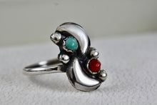 Load image into Gallery viewer, Native American Silver Red Coral &amp; Turquoise Bead Semi Moons Handmade Ring Size 5
