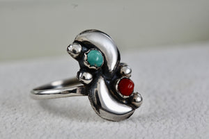 Native American Silver Red Coral & Turquoise Bead Semi Moons Handmade Ring Size 5