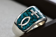 Load image into Gallery viewer, Native American Silver Large Turquoise Chip Inlay Fish &amp; Cross Christian Faith Ring Size 8.5
