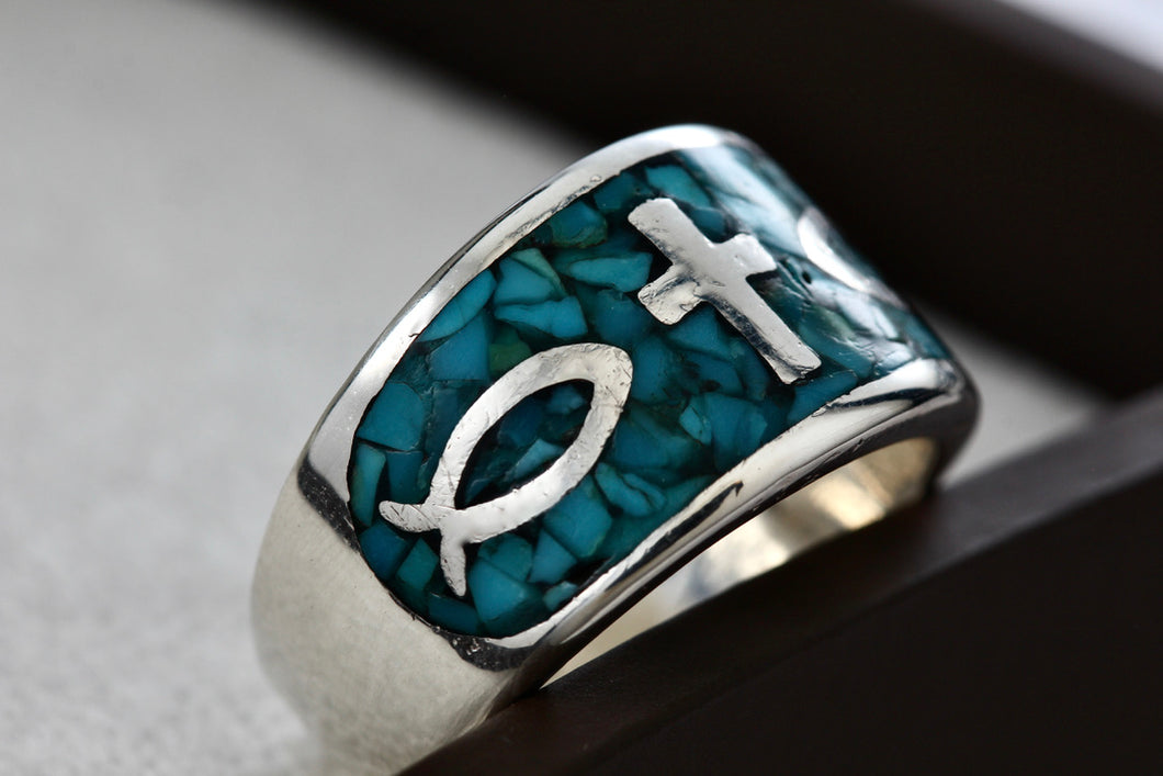 Native American Silver Large Turquoise Chip Inlay Fish & Cross Christian Faith Ring Size 8.5