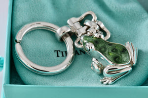 Tiffany & Co. Nature Vintage Silver Green Black Enamel Frog Pendant Keychain