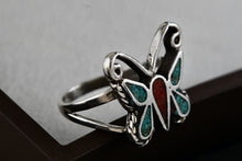 Load image into Gallery viewer, Native American Silver Turquoise &amp; Red Coral Chip Inlay Butterfly Handmade Ring Size 6.5
