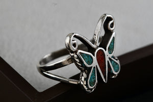 Native American Silver Turquoise & Red Coral Chip Inlay Butterfly Handmade Ring Size 6.5