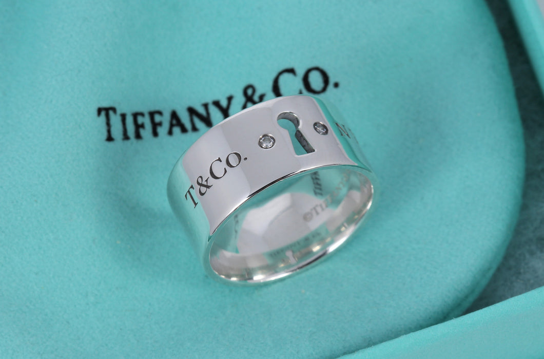 Tiffany & Co. Silver Locks 2 Diamond Keyhole Wide Band Ring